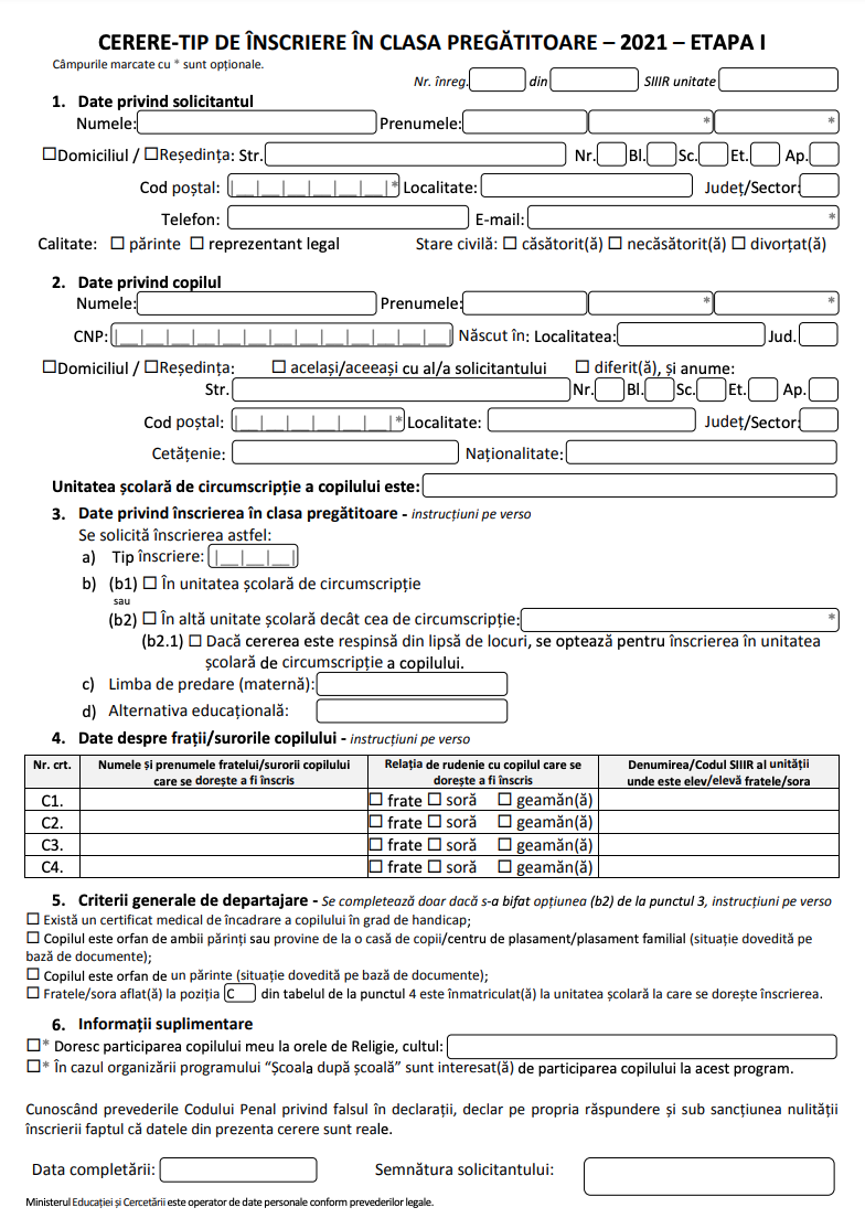 CERERE de înscriere la clasa pregătitoare 2021. Documentul tip a fost